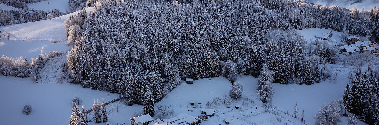 Verschneites Hotelresort am Waldrand mit Alpenpanorama bei Sonnenaufgang